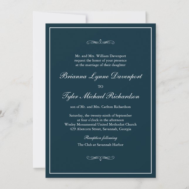 Invitation Classic Simple Elegance Mariage bleu marine (Devant)