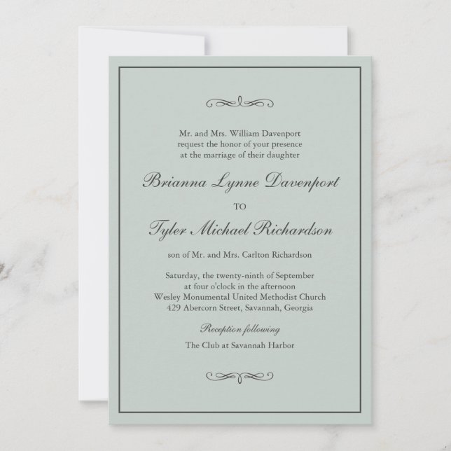 Invitation Classic Simple Elegance Sage Green Mariage (Devant)