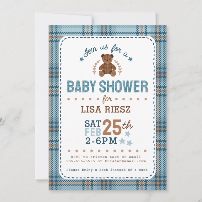 Invitation Classic Tartain Plaid Teddy Bear Baby Shower (Devant)