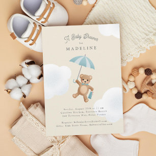 Invitation Classic Teddy Bear Baby shower bleu beige