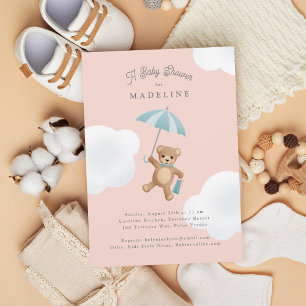 Invitation Classic Teddy Bear Baby shower rose et bleu