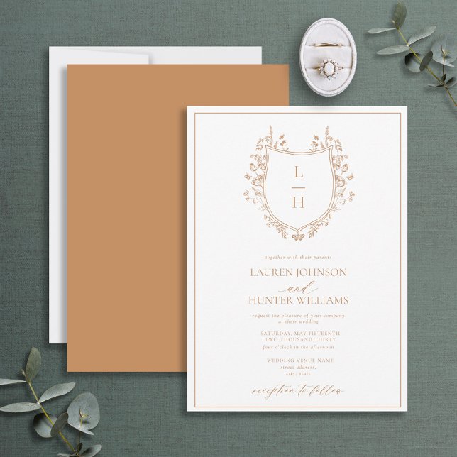Invitation Classic Terracotta Floral Monogram Crest Mariage (Créateur téléchargé)