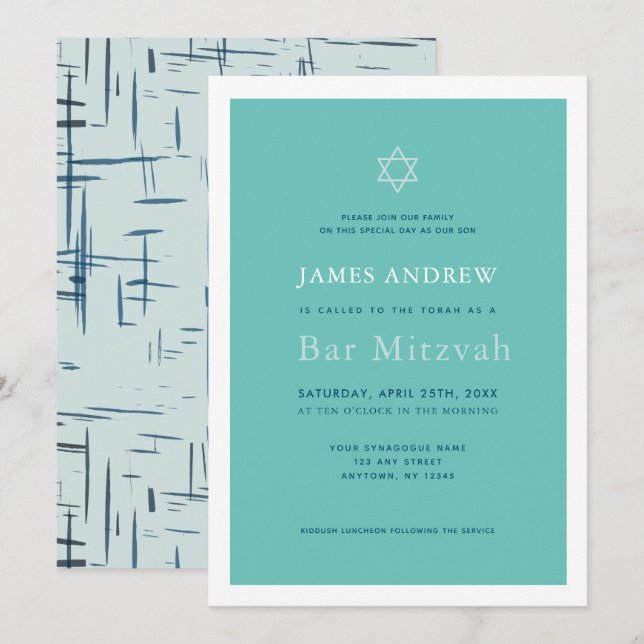 Invitation Classic Turquoise Blue Bar Mitzvah (Devant / Derrière)