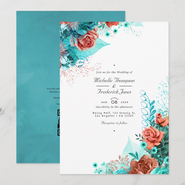 Invitation Classic Turquoise et Coral Floral QR Code Mariage (Devant / Derrière)