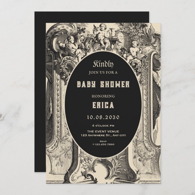 Invitation Classic vintage artistic angel baby shower (Devant / Derrière)