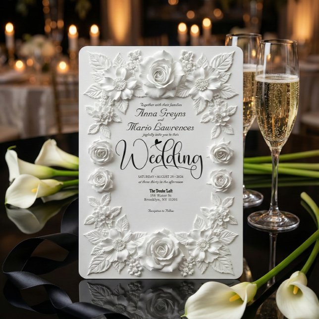 Invitation Classic White Bas Relief Faux Embossed Floral  (Créateur téléchargé)