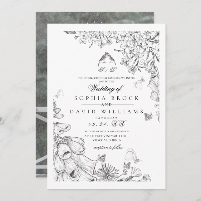 Invitation Classic White Black Botanical Wedding  (Devant / Derrière)