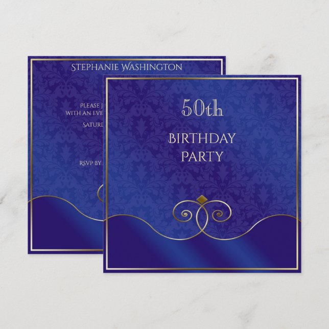 Invitation Classieux tourbillons bleus et or, Damassé 50e ann (Devant / Derrière)