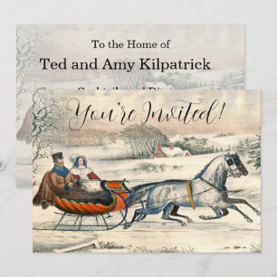 Invitation Classique 1853 Traîneau Currier Ives Route Hiver