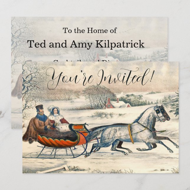 Invitation Classique 1853 Traîneau Currier Ives Route Hiver (Devant / Derrière)