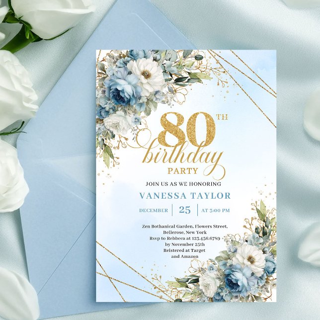 Invitation Classique 80e Anniversaire Élégant Bleu Poussiéreu (Classic 80th Birthday Invite Elegant Dusty Blue Gold)