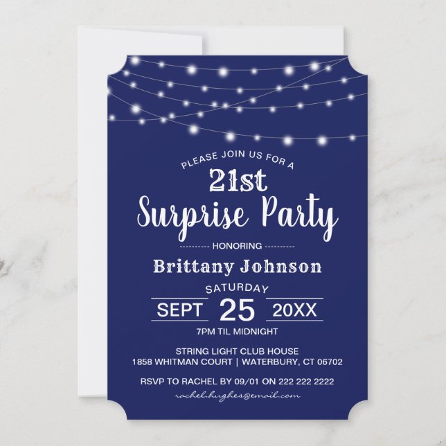 Invitation Classique Anniversaire Surprise Navy (Devant)