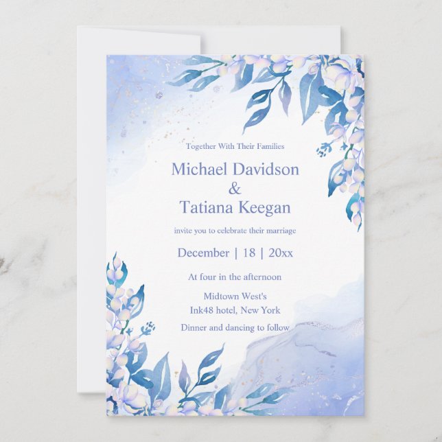 Invitation classique aquarelle bleu floral mariage d'hiver (Devant)