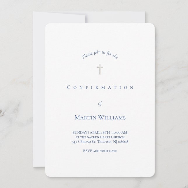 Invitation classique blanc et bleu Confirmation (Devant)