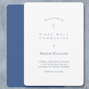 Invitation classique blanc et bleu Premier communion garçon