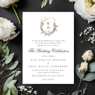 Invitation classique blanc noir monogramme mariage or crête