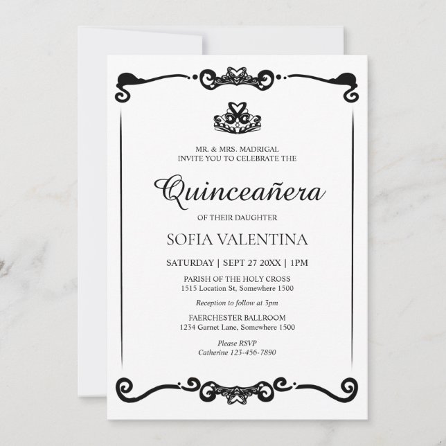 Invitation Classique Blanc Noir Tiara Quinceanera (Devant)