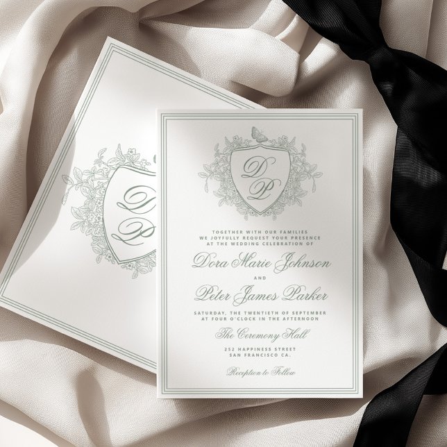 Invitation Classique blason monogramme vert sauge mariage vin (Créateur téléchargé)