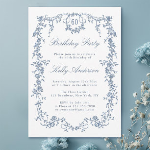 Invitation Classique Bleu Bleu Floral 60e fête d'anniversaire