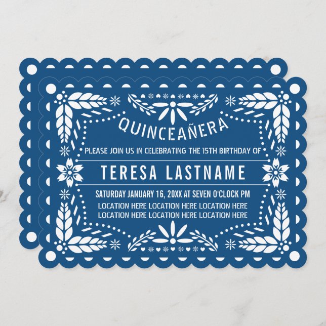 Invitation Classique bleu et blanc papel picado Quinceañera (Devant / Derrière)