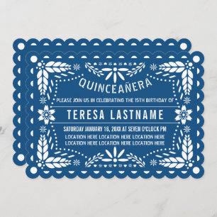 Invitation Classique bleu et blanc papel picado Quinceañera