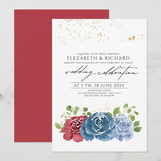 Invitation Classique Bleu Nuit Rouge Floral Vert Mariage  (Devant / Derrière)