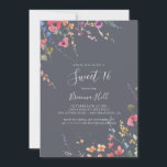 Invitation Classique bleu sauvage sucré 16 fête d'anniversair<br><div class="desc">Cette invitation classique de fête de 16 ans bleu sauvage est parfaite pour une fête d'anniversaire rustique. Le design présente des fleurs sauvages jaunes,  violettes et blanches avec du feuillage dans un arrière - plan rose et vert aquarelle.</div>