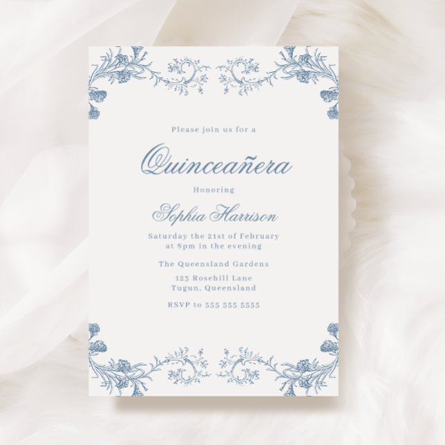 Invitation Classique Bleu vintage Élégante Quinceanera (Créateur téléchargé)