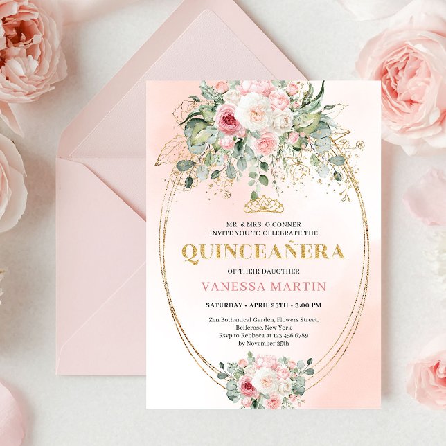 Invitation Classique Bohème Blush Rose Floral Rustique Quince (Classic Blush Pink Floral Rustic Quinceañera Invite)