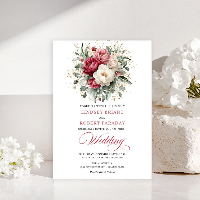 Invitation Classique Bohème Rouge Cramoisi Fleurs  (Classic Boho Crimson Red Blush Greenery Invitation)