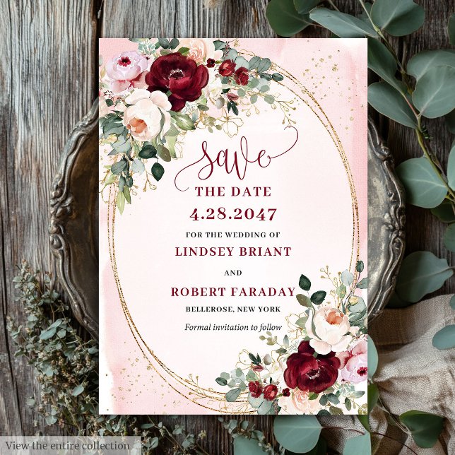 Invitation Classique Boho Bourgogne Blush Roses Enregistrer l (Classic Boho Burgundy Blush Gold Roses Save Date)