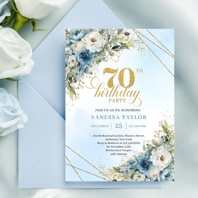 Invitation Classique boho fleurs bleues eucalyptus 70e annive (Classic boho blue florals eucalyptus 70th birthday invite

)