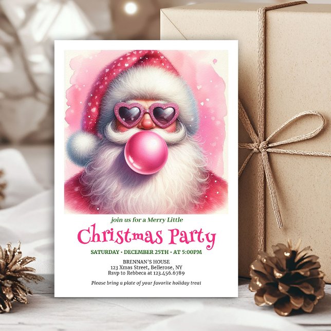 Invitation Classique Bubble Gum Rose Santa Noël (Classic Watercolor Pink Santa Bubble Gum Christmas Invite

)