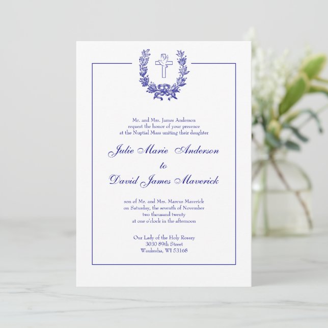 Invitation Classique catholique Elegant Marine Blue Cross Dov (Debout devant)