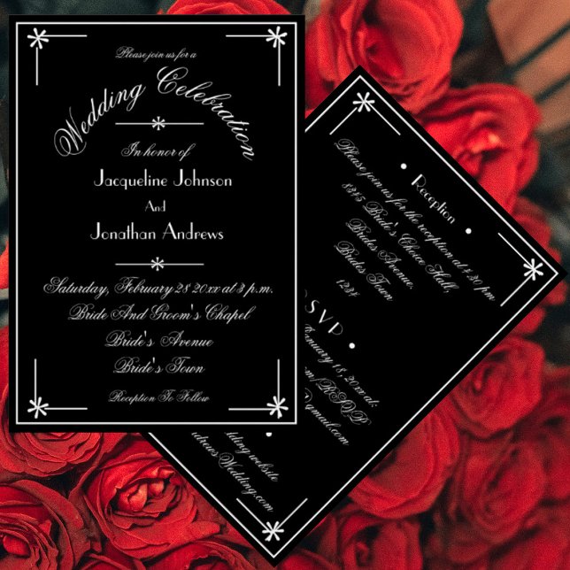 Invitation Classique Chic noir et blanc tout en un Mariage (Classic black and white wedding invitations. Chic script, all in one, incl RSVP, email, website etc.)