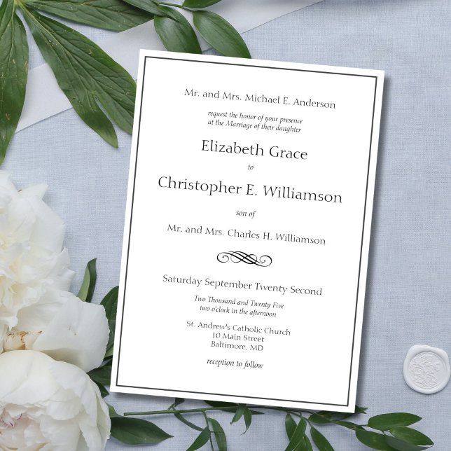 Invitation Classique classique traditionnel Les deux parents  (Traditional Classic Black White Formal wedding invitation. Both parents names)