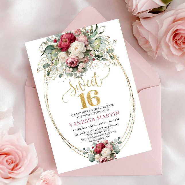 Invitation Classique de 16 ans Fleurie Or Blanc Bo (Classic Burgundy White Gold Floral Sweet 16 Invitation)