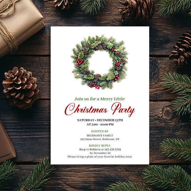 Invitation classique de couronne de Noël à l'aquar (Classic Watercolor Christmas Wreath Invitation)