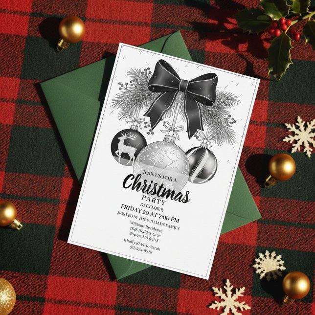 Invitation classique de fête de Noël en noir et bl (Vintage Christmas Party, Timeless Holiday Celebration, Elegant Bow Invitation)
