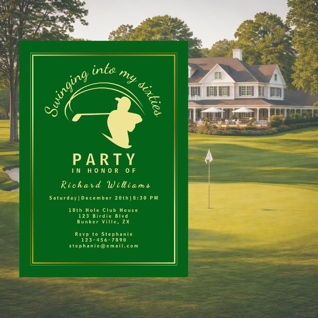 Invitation Classique de golf Vert Joueur Doré Hommes 60 ans (Créateur téléchargé)