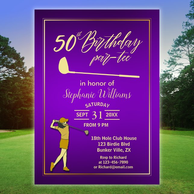 Invitation Classique de golf Violet Doré Anniversaire des 50  (Créateur téléchargé)