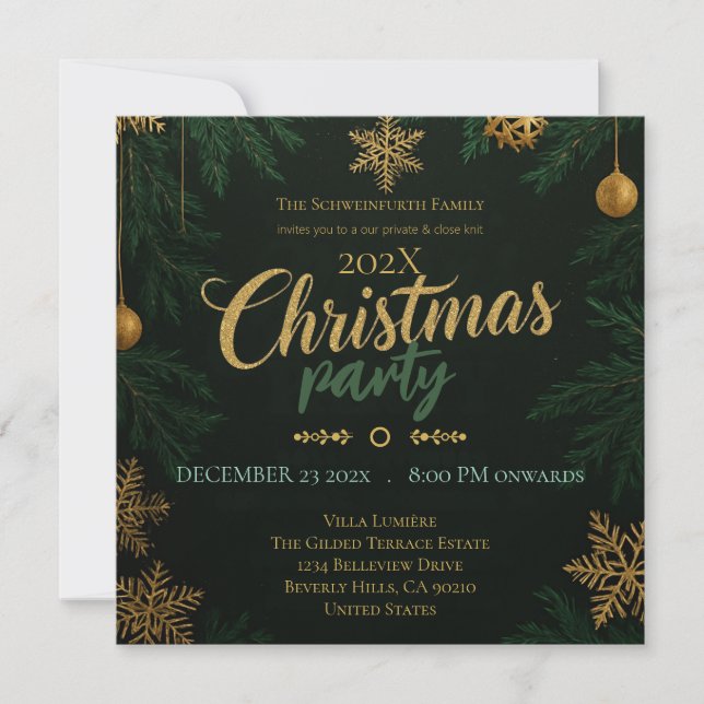 Invitation classique de Noël noir, vert et or (Devant)