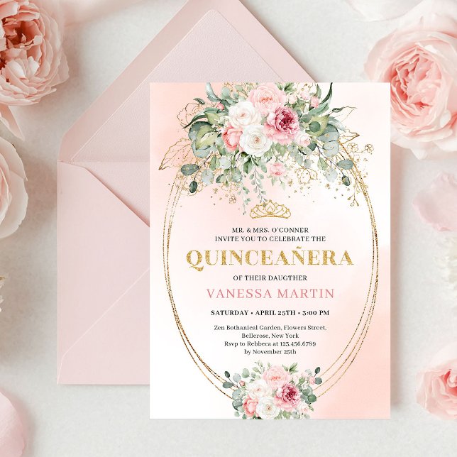 Invitation Classique de Quinceañera Rose Gold et R (Classic Pastel Pink Rose Gold Quinceañera Invite

)