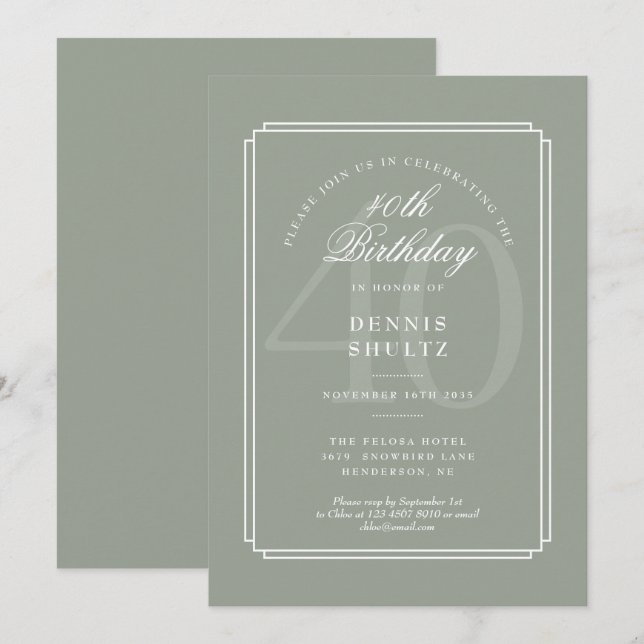 Invitation Classique Déco | 40e anniversaire Sage et Blanc (Devant / Derrière)