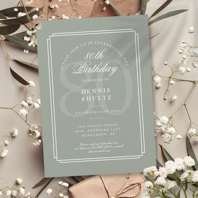 Invitation Classique Deco Sage et Blanc 80e Anniversaire (Classic Deco Sage and White 80th Birthday Invitation)