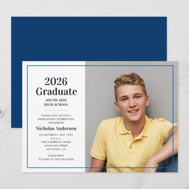 Invitation Classique Diplômé 2026 Bleu Photo Graduation  (Devant / Derrière)