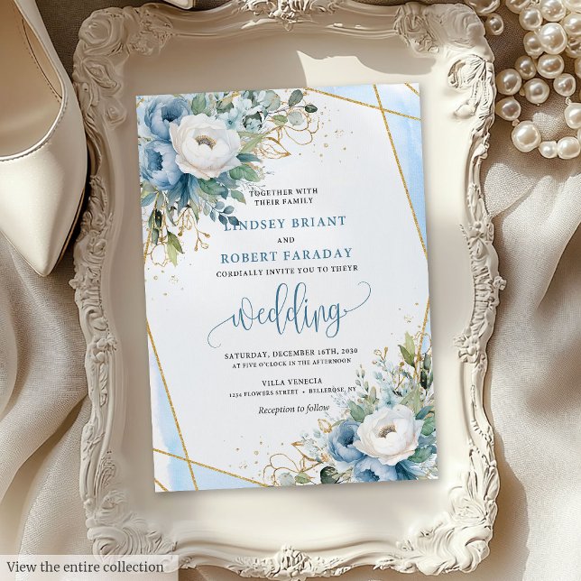 Invitation Classique Dusty Blue White Gold Flowers (Classic Dusty Blue White Gold Flowers Invitation)