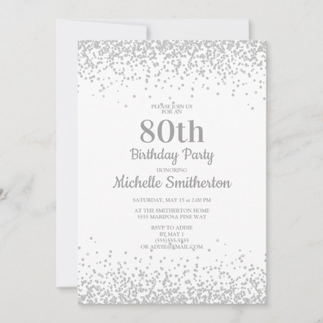 Invitation Classique Élégant Blanc Paillettes Argent 80e Anni (Devant)