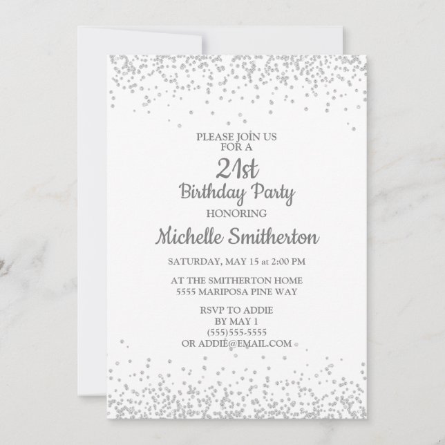 Invitation Classique Élégant Blanc Paillettes Argentées 21e A (Devant)