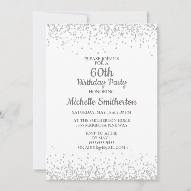 Invitation Classique Élégant Blanc Paillettes Argentées 60e A (Devant)